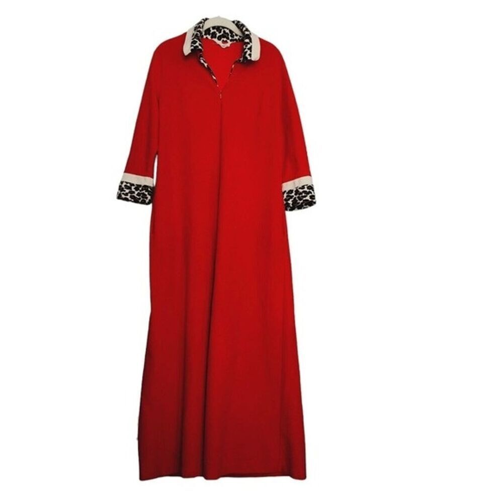 Vintage Vanity Fair Red Fleece Gown Robe Leopard Print Collar & Cuffs 12